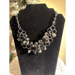 Black and Clear Stone Robert Rose Necklace 18 Inches Gun Metal Tone
